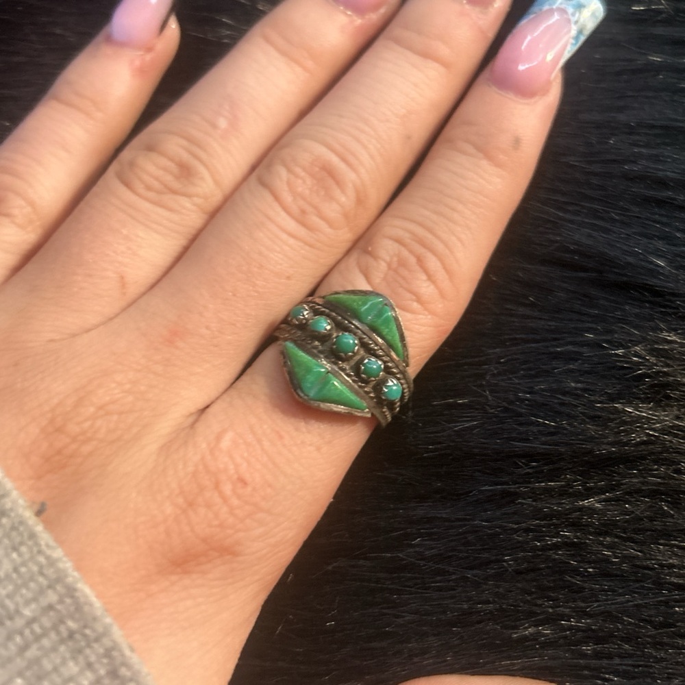 Green Stone Ring with Black Band